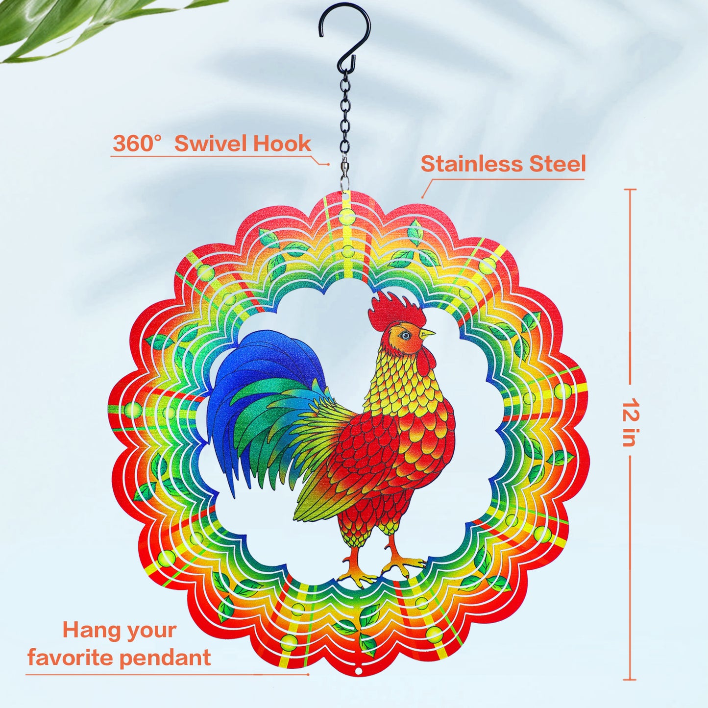 Chicken Wind Spinners Chicken Gifts for Women/Men 12 inch 3D Stainless Steel Hanging Wind Spinner Metal Wind Catchers Kinetic Sculpture for Indoor/Outdoor Decor, Yard Art, Garden Decorations
