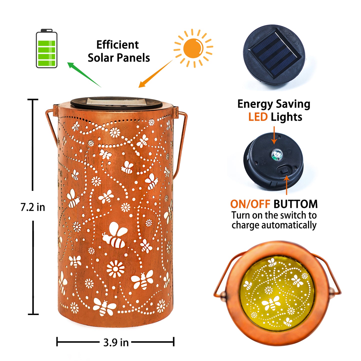 2 Pack Bee Solar Lanterns Outdoor Waterproof Hanging Solar Lights Bee Gifts for Women Men Metal Decorative LED Bee Lanterns for Garden Decor,Yard,Patio,Lawn,Tabletop,Pathway,Landscape