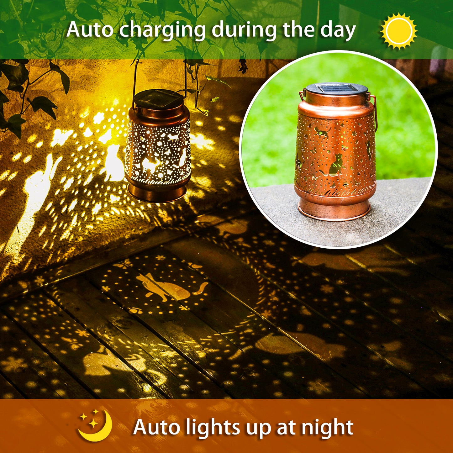 2 Pack Cat Outdoor Solar Hanging Lanterns Waterproof LED Solar Lights Metal Decorative Lanterns for Garden, Patio, Courtyard, Backyard, Yard Decor Unique Cat Gifts for Women Gardening