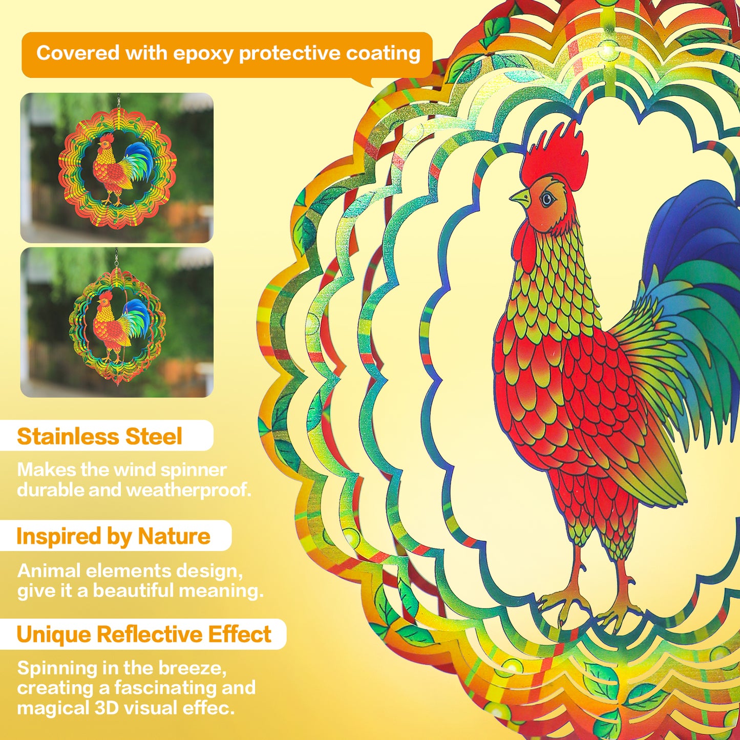 Chicken Wind Spinners Chicken Gifts for Women/Men 12 inch 3D Stainless Steel Hanging Wind Spinner Metal Wind Catchers Kinetic Sculpture for Indoor/Outdoor Decor, Yard Art, Garden Decorations