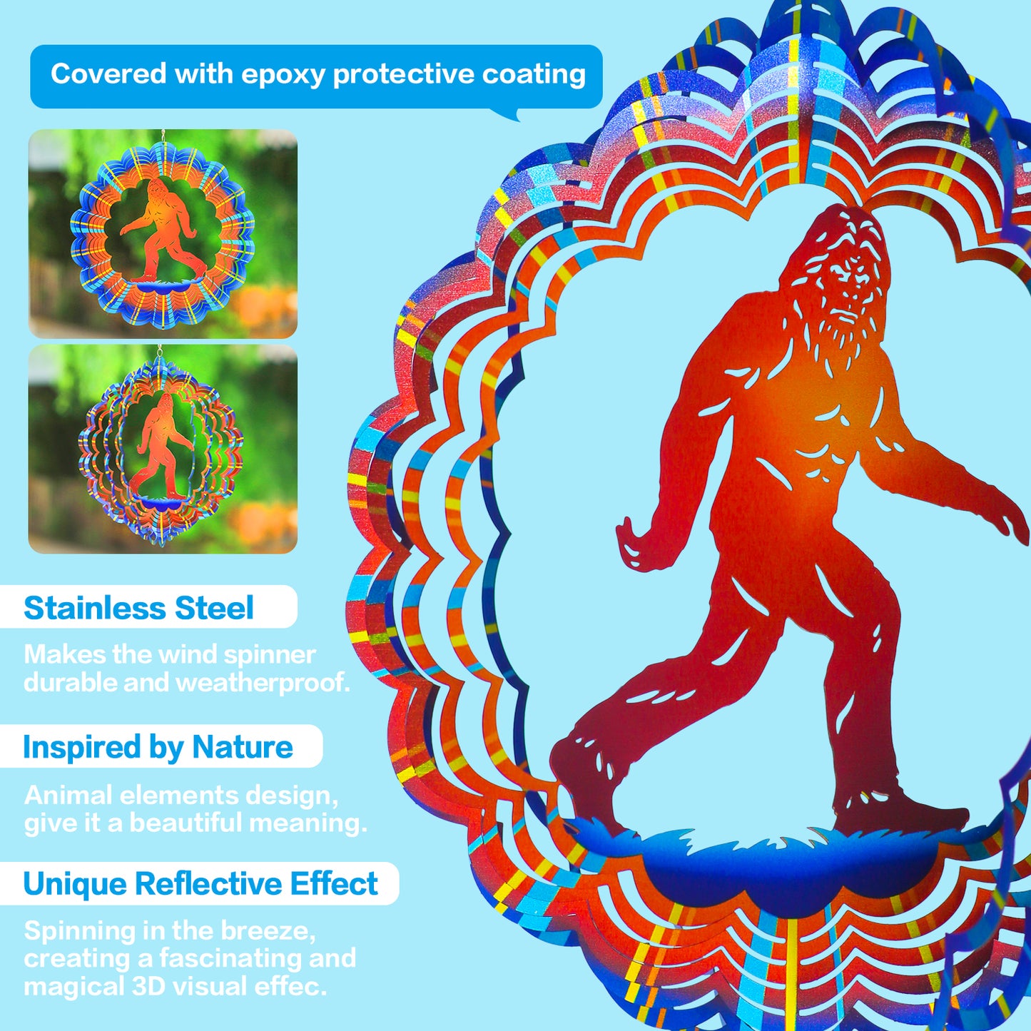 Bigfoot Wind Spinners Big Foot Sasquatch Gifts for Women/Men 12 inch 3D Stainless Steel Hanging Wind Spinner Metal Wind Catchers Kinetic Sculpture for Indoor/Outdoor Decor, Yard Art, Garden Decoration