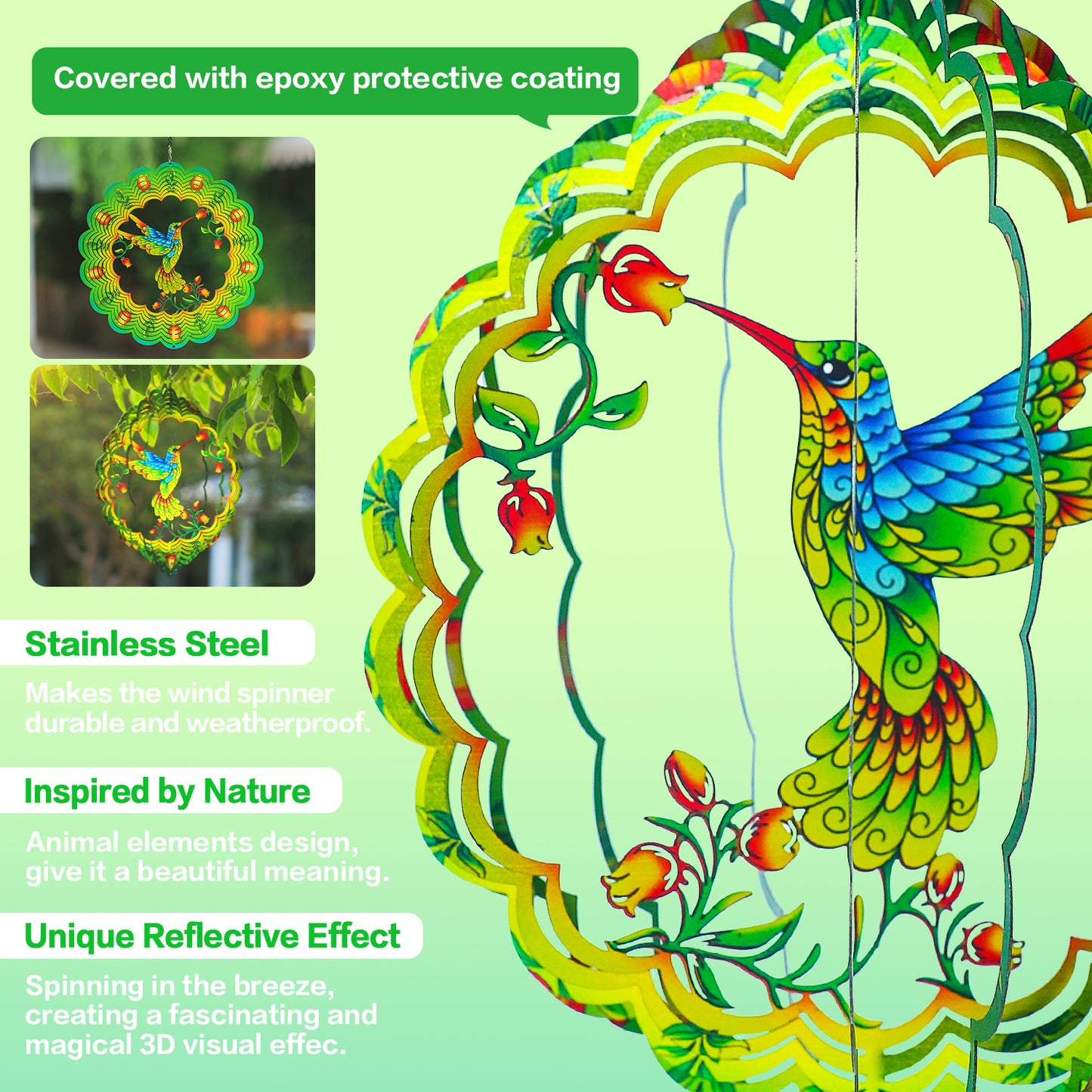 Hummingbird Wind Spinners Hummingbird Gifts for Women/Men 12 inch 3D Stainless Steel Hanging Wind Spinner Metal Bird Wind Catchers Kinetic Sculpture for Indoor/Outdoor Decor,Yard Art,Garden Decoration