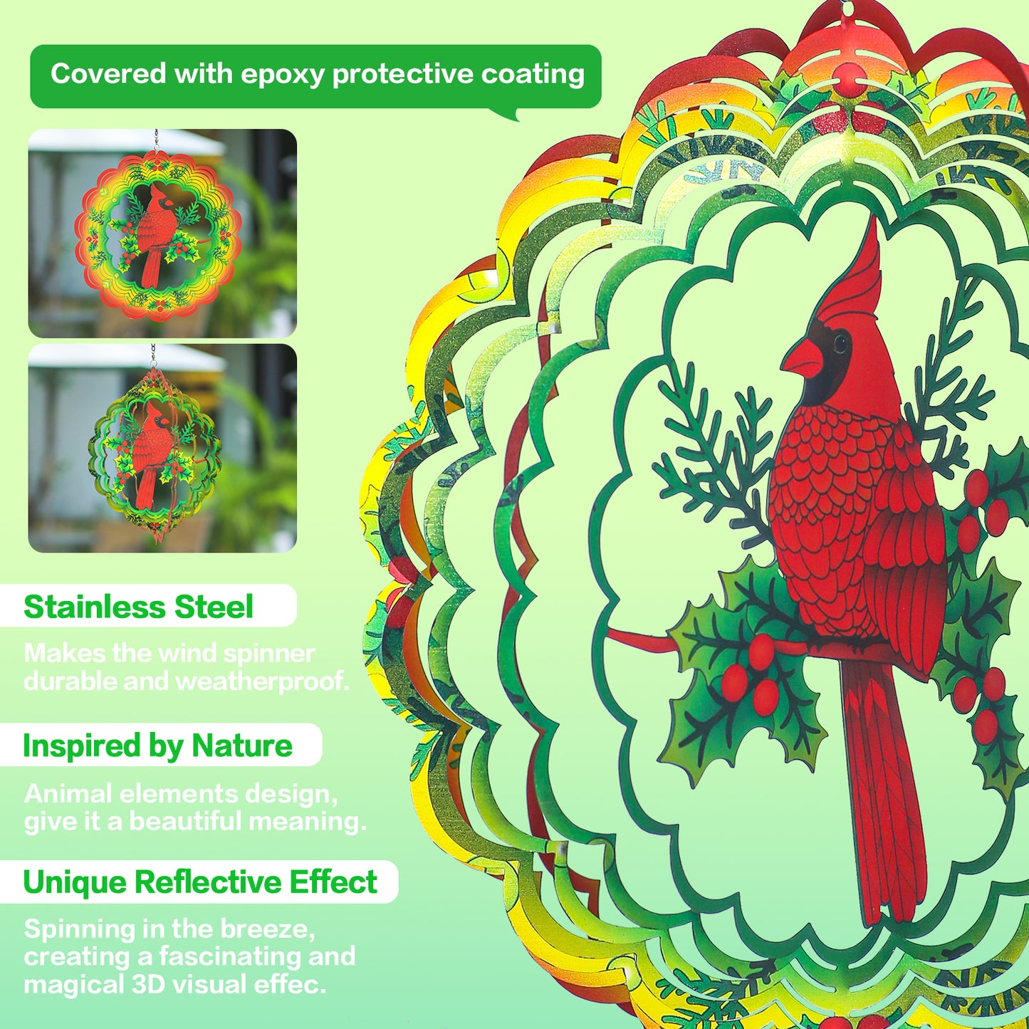 Cardinal Wind Spinners Cardinal Gifts for Women/Men 12 inch 3D Stainless Steel Hanging Wind Spinner Metal Wind Catchers Kinetic Sculpture for Indoor/Outdoor Decor, Yard Art, Garden Decorations