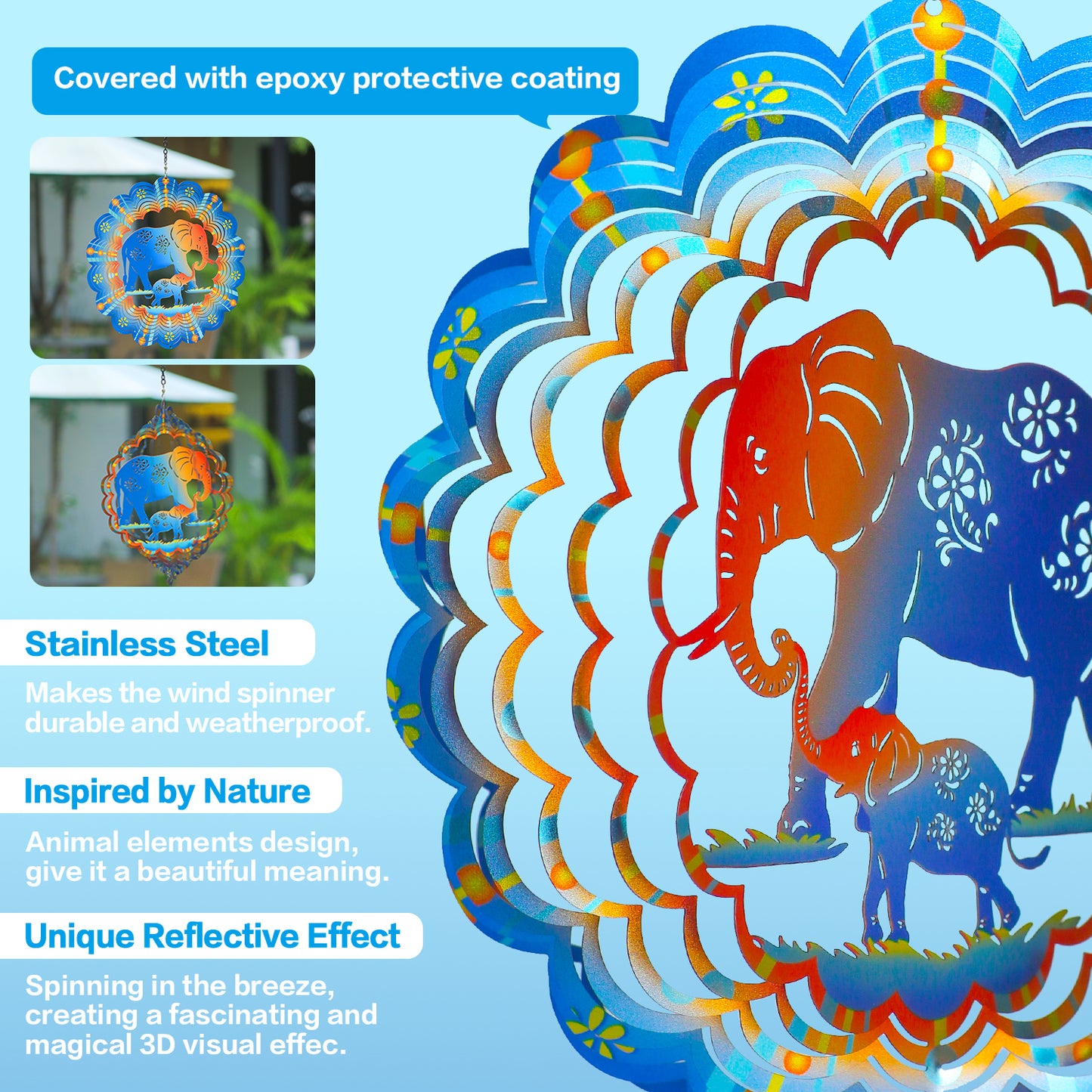 Elephant Wind Spinners Elephant Gifts for Women/Men 12 inch 3D Stainless Steel Hanging Wind Spinner Metal Wind Catchers Kinetic Sculpture for Indoor/Outdoor Decor, Yard Art, Garden Decorations