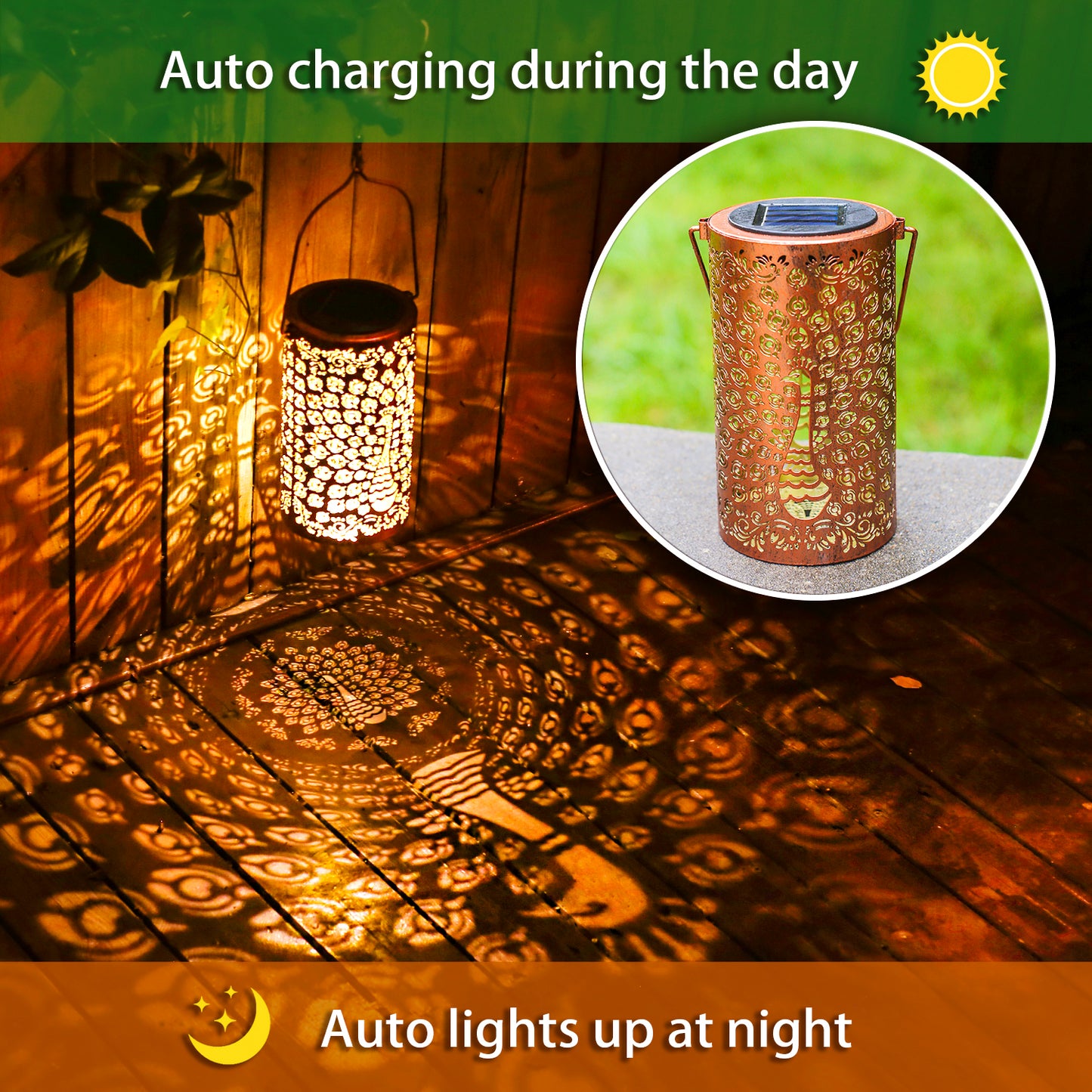 2 Pack Peacock Outdoor Solar Hanging Lanterns Waterproof LED Solar Lights Metal Decorative Lanterns for Garden, Patio, Courtyard, Backyard, Yard Decor Unique Peacock Gifts for Women Gardening