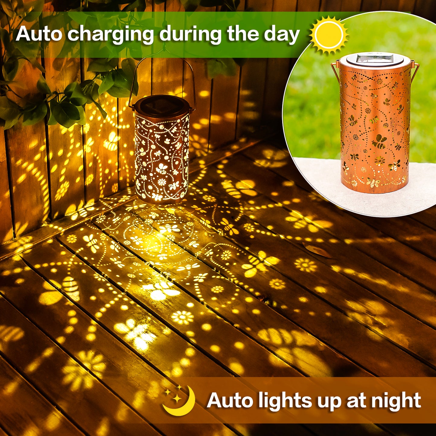 2 Pack Bee Solar Lanterns Outdoor Waterproof Hanging Solar Lights Bee Gifts for Women Men Metal Decorative LED Bee Lanterns for Garden Decor,Yard,Patio,Lawn,Tabletop,Pathway,Landscape