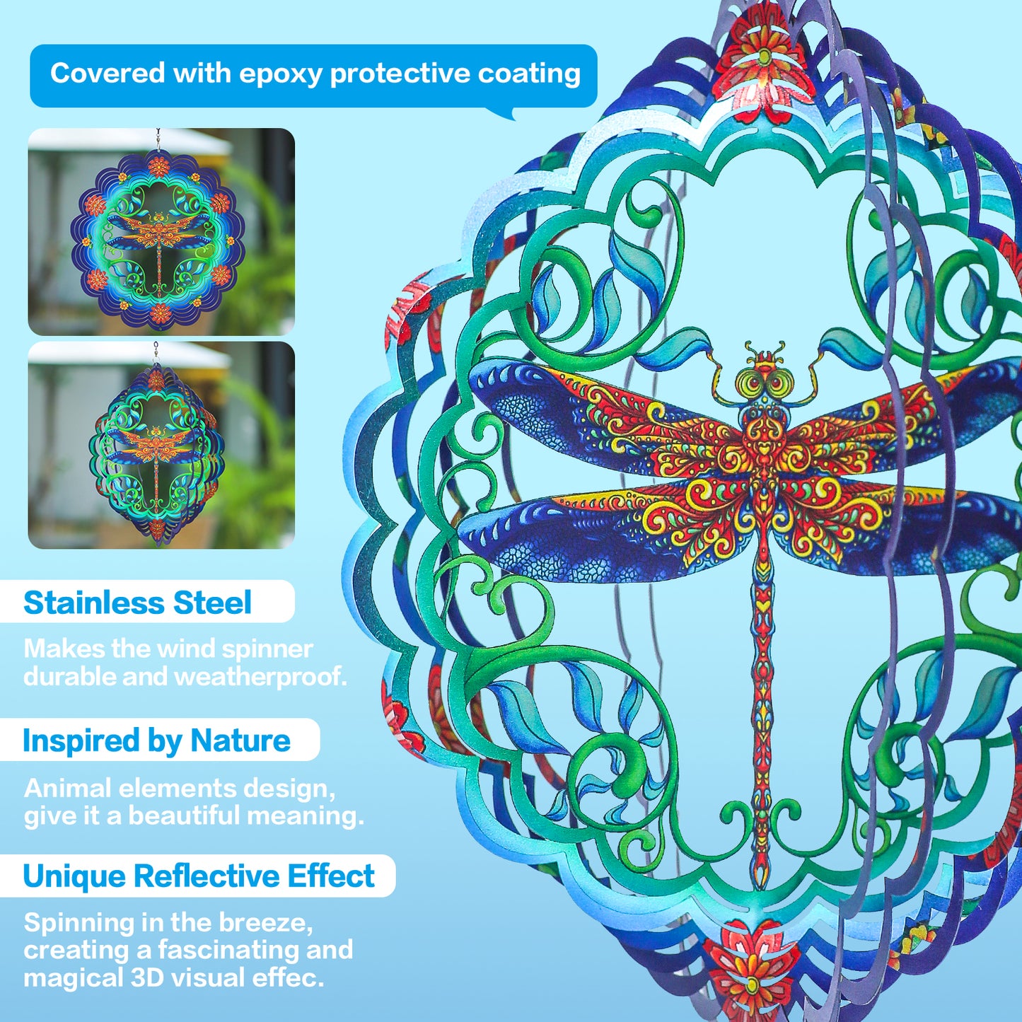 Dragonfly Wind Spinners Dragonfly Gifts for Women/Men 12 inch 3D Stainless Steel Hanging Wind Spinner Metal Wind Catchers Kinetic Sculpture for Indoor/Outdoor Decor, Yard Art, Garden Decorations