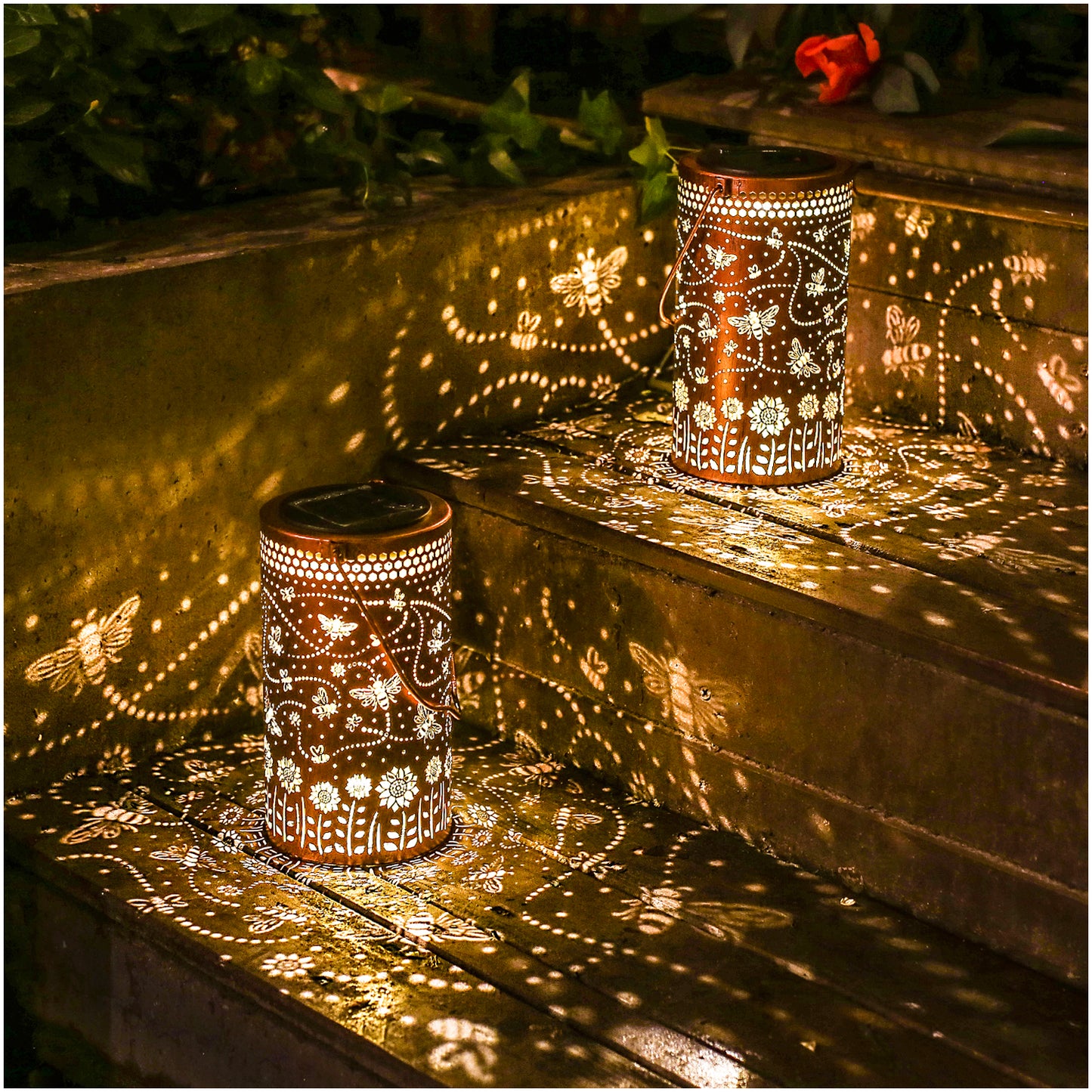 2 Pack Bee Outdoor Solar Hanging Lanterns Waterproof LED Solar Lights Metal Decorative Lanterns for Garden, Patio, Courtyard, Backyard, Yard Decor Unique Bee Gifts for Women Gardening