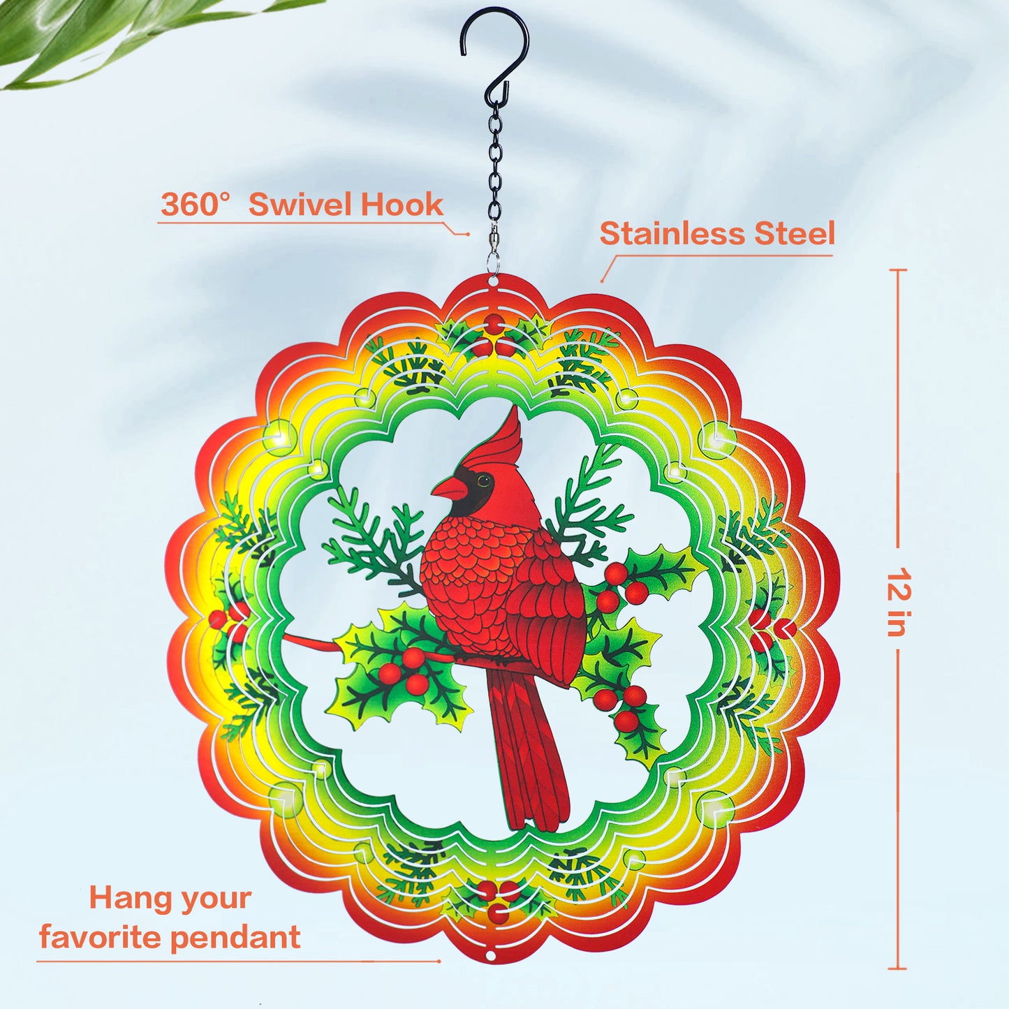 Cardinal Wind Spinners Cardinal Gifts for Women/Men 12 inch 3D Stainless Steel Hanging Wind Spinner Metal Wind Catchers Kinetic Sculpture for Indoor/Outdoor Decor, Yard Art, Garden Decorations