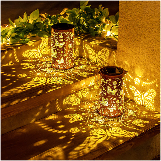 2 Pack Butterfly Solar Lanterns Outdoor Waterproof Hanging Solar Lights Butterfly Gifts for Women Men Metal Decorative LED Lights for Garden Decor,Yard,Patio,Lawn,Tabletop,Pathway,Landscape