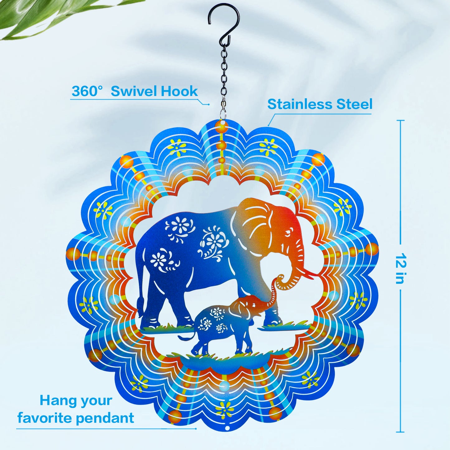 Elephant Wind Spinners Elephant Gifts for Women/Men 12 inch 3D Stainless Steel Hanging Wind Spinner Metal Wind Catchers Kinetic Sculpture for Indoor/Outdoor Decor, Yard Art, Garden Decorations
